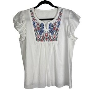 Floral Embroidered Ruffle Sleeve Blouse Size L